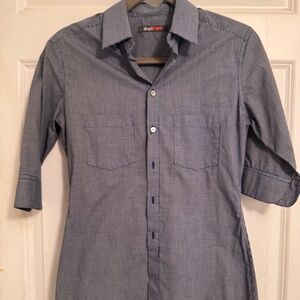 Daryl K-189, blue and white checkered print button up form-fitting shirt Size S